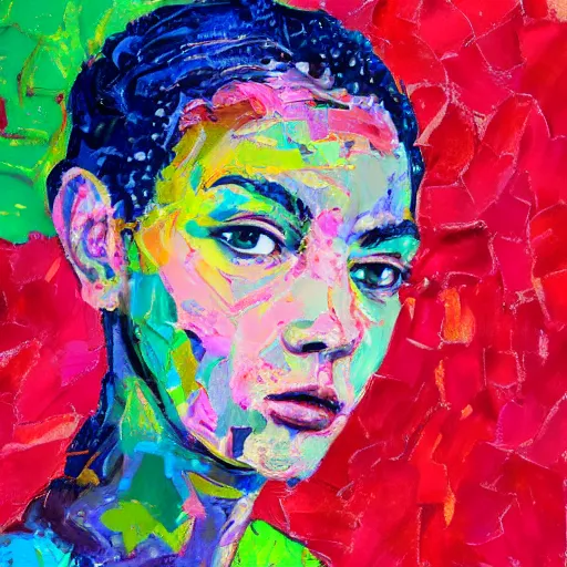 Image similar to intricate portrait made of colorful gouache thick impasto circles