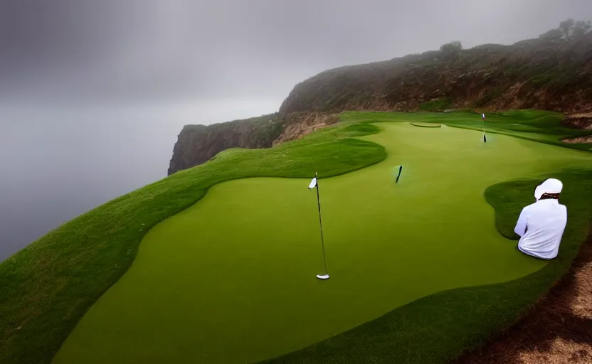 Prompt: a great photograph of the most amazing golf hole in the world, rainy day during lightning storm, cliffs by the sea, perfect green fairway, human perspective, ambient light, 5 0 mm, golf digest, top 1 0 0, fog