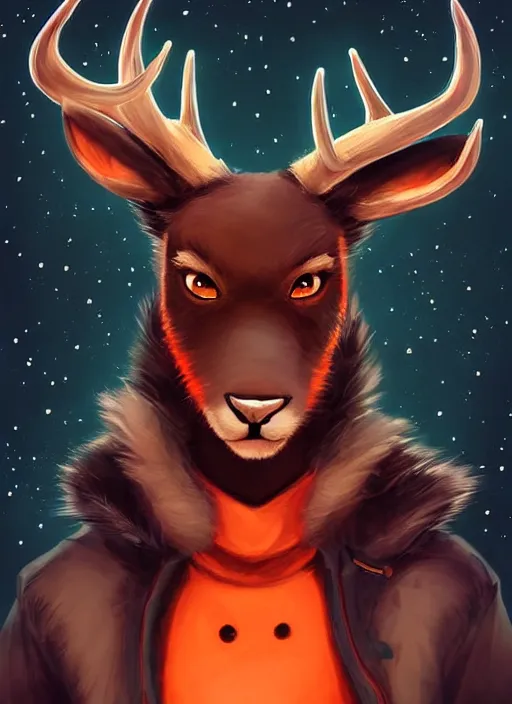 Image similar to award winning beautiful portrait commission of a male furry anthro Black Reindeer fursona with a tail, wings and a cute beautiful attractive detailed furry face wearing stylish black and orange galaxy clothes in a outerspace city at night while it rains. Character design by charlie bowater, ross tran, artgerm, and makoto shinkai, detailed, inked, western comic book art