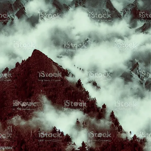 Image similar to “ aerial view of a mountain, fog on the ground, vector art ”