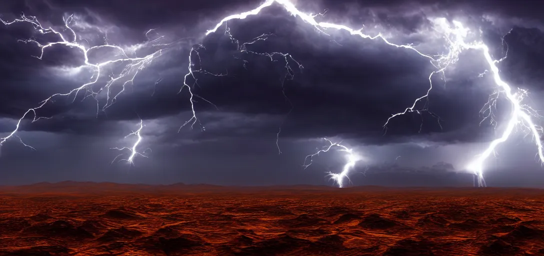 Image similar to a beautiful picture of a desert, intricate detail, god rays, an extremely close lightning strike, sunset, serene, volumetric lighting, volumetric clouds, 8 k, hyperrealistic, digital art trending on artstation