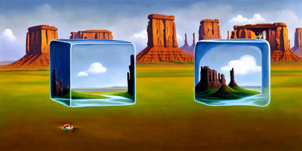 Prompt: hyperrealist painting of a cube inside a giant transparent bubble from howl's moving castle ( 2 0 0 4 ) in a flooded monument valley stonehenge jungle. skinny grey scientist. moody, misty, depth perception.