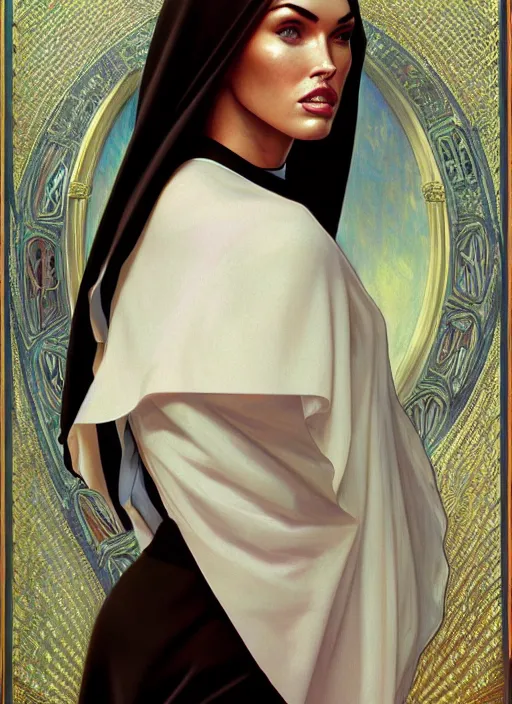 Image similar to portrait of megan fox as a sultry nun, catholic, church, bible, christian, intricate, headshot, highly detailed, digital painting, artstation, concept art, sharp focus, cinematic lighting, illustration, art by artgerm and greg rutkowski, alphonse mucha, cgsociety