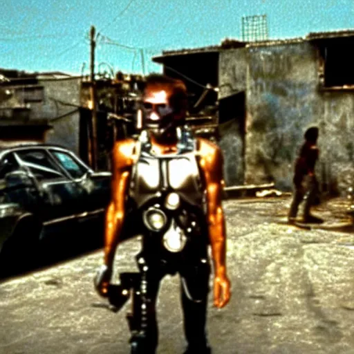 Prompt: film still of the terminator at a favela, shooting scene, blurry