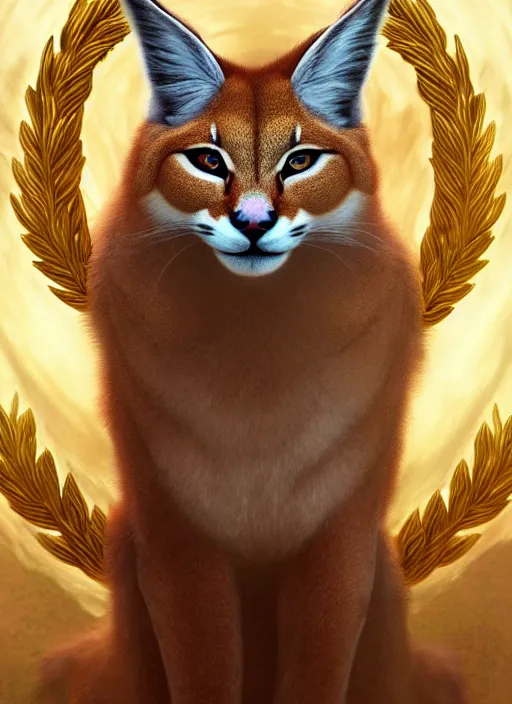 Image similar to cute fluffy caracal as apollo ancient greek god, golden wreath at background, details, fantasy, epic, ancient greek city, intricate, decadent, highly detailed, octane render, digital painting, artstation, concept art, sharp focus, illustration, art by artgerm, loish, wlop