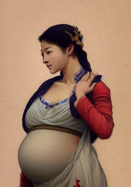 Image similar to pregnant asian man, handsome, intricate, elegant, highly detailed, digital painting, artstation, concept art, smooth, sharp focus, illustration, art by artgerm and greg rutkowski and alphonse mucha and william - adolphe bouguereau