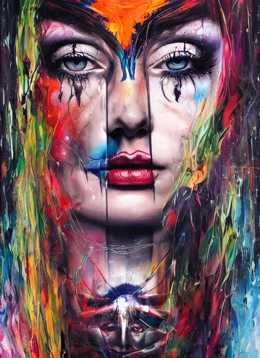 Image similar to enlightened magic cult psychic woman, painted face, third eye, energetic consciousness psychedelic, epic surrealism expressionism symbolism, story telling, iconic, dark robed, oil painting, symmetrical face, dark myth mythos, by sandra chevrier, joan mitchell monochromatic masterpiece