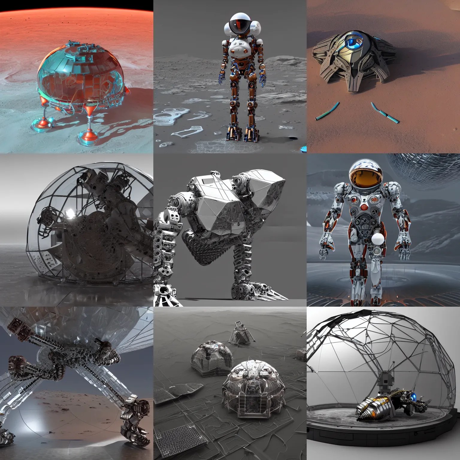 Prompt: Dreamt in 22.99s for !dream biomechanical dynamo cyborg robots on Mars, building tall ice domes made of transparent glass, cinematic lighting, 8k, hyperrealistic, ultra detailed, 3d render, view from space, close-up