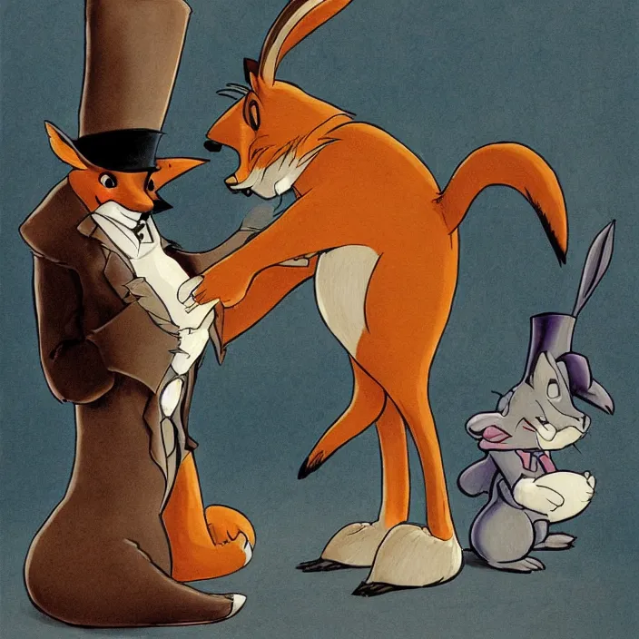 Prompt: concept art of a fox in a top hat talking to an angry rabbit by Don Bluth.