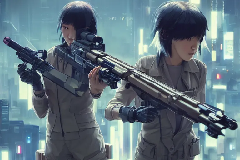 Image similar to young female japanese sniper aiming a railgun sniper rifle, neon, cyberpunk, futuristic, full cybernetic combat suit, short bob haircut, stunning illustration, highly detailed, digital painting, smooth, soft focus, illustration, ghost in the shell, 4 k digital art from artstation by artgerm and greg rutkowski and alphonse mucha