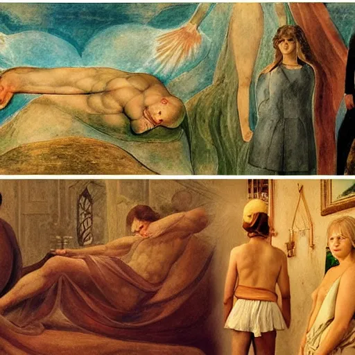 Image similar to real life version of the painting jacob's dream by william blake, live action filmed by wes anderson