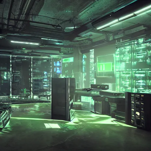 Prompt: cyberpunk underground lab with a glas tank and green goo inside, lot of screens on the wall, dusty, volumetric lights, cinematic, incredibly detailed, octane render,