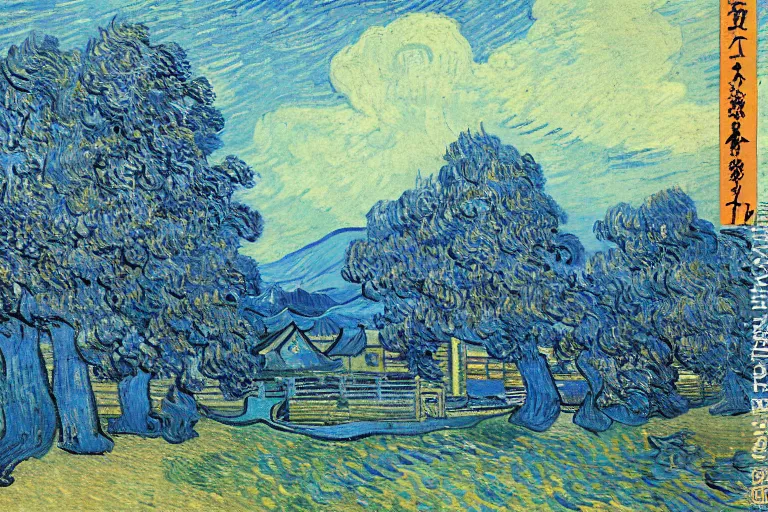 Image similar to japanese scenery in edo period, by vincent van gogh, high saturation, blue color scheme