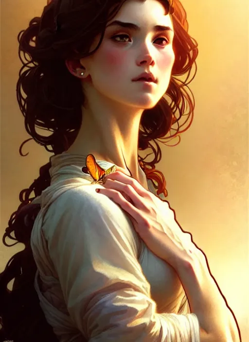 Image similar to dainty wilder face, incredibly detailed face, pretty face, light dress, true anatomy, art by artgerm and greg rutkowski and alphonse mucha