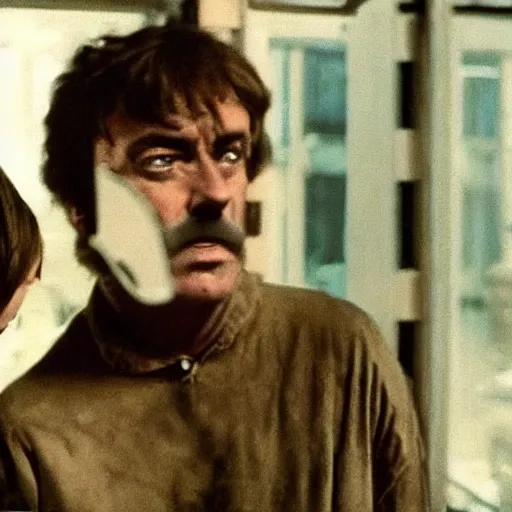 Prompt: a man head and a robot head in a moment of jealousy, movie still, by Andrzej Zulawski