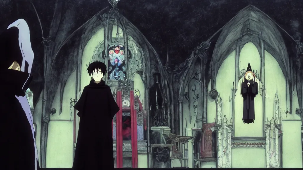 Prompt: a man wearing black priest clothes and a black rabbit mask standing in a black obsidian church, anime film still from the an anime directed by Katsuhiro Otomo with art direction by Salvador Dalí, wide lens