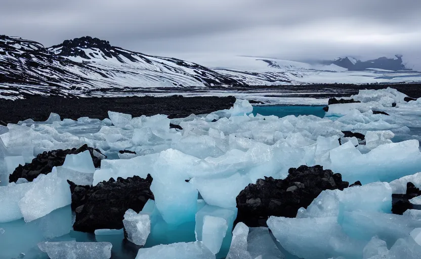 Image similar to icelandic landscape, moody, cinematic, muted colors, glaciers, ice, water