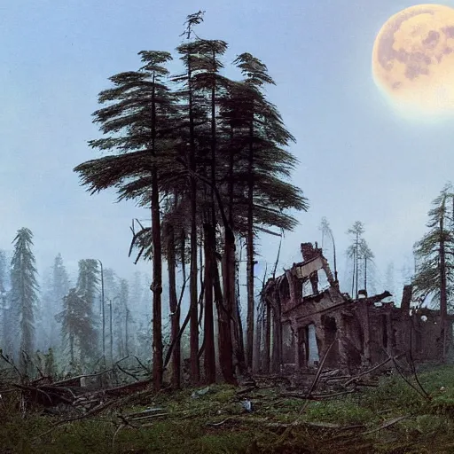 Prompt: a ivan shishkin and simon stalenhag photo of a ruined building the sky is cloudy. the moon is full. an enormous robot