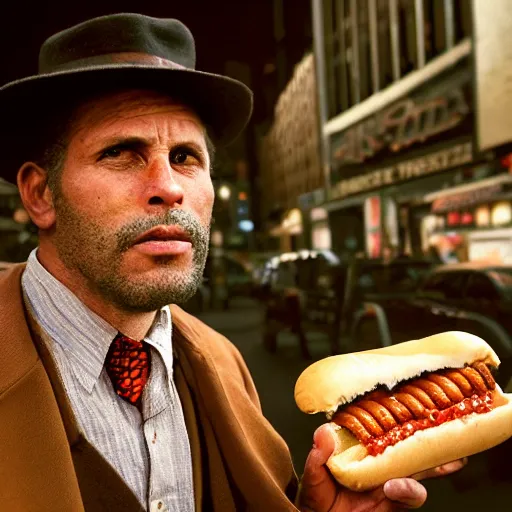 Image similar to closeup portrait of a shady snake oil salesman selling hotdogs in dimly lit new york back street, by Annie Leibovitz and Steve McCurry, natural light, detailed face, CANON Eos C300, ƒ1.8, 35mm, 8K, medium-format print