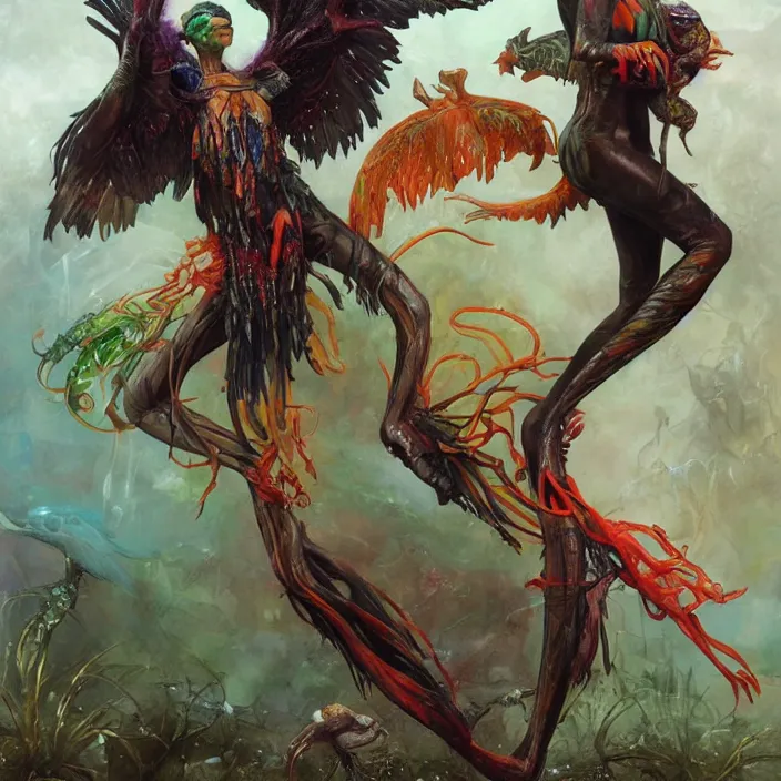 Prompt: a fashion editorial of cate blanchet as a brightly colored harpy amphibian hybrid with wet translucent skin. wearing an black growing organic exosuit. by tom bagshaw, donato giancola, hans holbein, walton ford, gaston bussiere and peter mohrbacher. 8 k, cgsociety