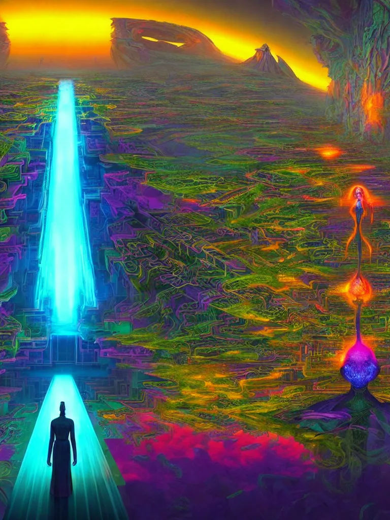 Prompt: entrance to ethereal realm, cybergod vishnu, rendered in unreal engine, central composition, symmetrical composition, dreamy colorful cyberpunk colors, 6 point perspective, fantasy landscape with anthropomorphic!!! terrain!!! in the styles of igor morski, jim warren and rob gonsalves, intricate, hyperrealistic, volumetric lighting, neon ambiance, distinct horizon