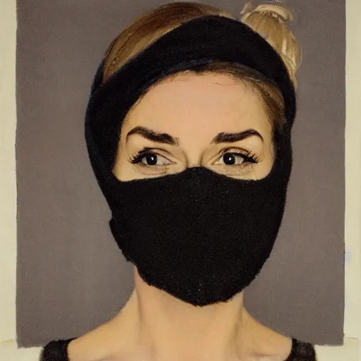 Prompt: Frontal portrait of a woman. All black clothing. Sweater, bandana, gaiter mask, heavy eye shadow and spiky hair. Norman Rockwell painting.