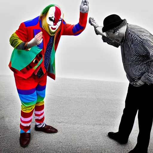 Image similar to a man slapping a clown after being insulted , XF IQ4, 150MP, 50mm, f/1.4, ISO 200, 1/160s, natural light, Adobe Photoshop, Adobe Lightroom, DxO Photolab, polarizing filter, Sense of Depth, AI enhanced, HDR