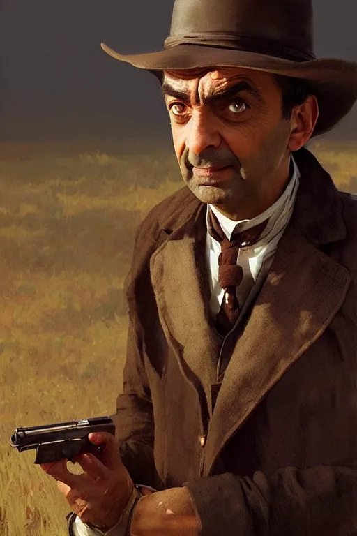 Prompt: mr bean as a character in a scene from red dead redemption, artstation, concept art, smooth, sharp focus, illustration, art by and greg rutkowski and alphonse mucha