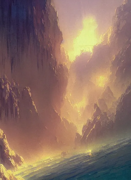 Prompt: vintage anime cinematic lush underwater glowing city on the edge of a steep cliff by Ivan Aivazovsky, watercolor concept art by Syd Mead, by william herbert dunton, watercolor strokes, japanese woodblock, by Jean Giraud