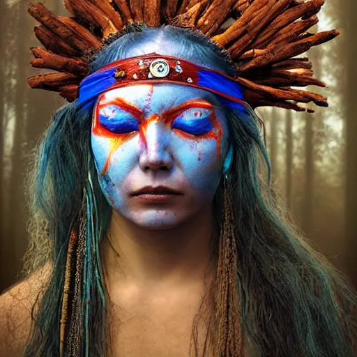 Image similar to A young blindfolded shaman woman with a decorated headband from which blood flows, in the style of heilung, blue hair and wood on her head. The background is a forest on fire, made by karol bak and james gurney