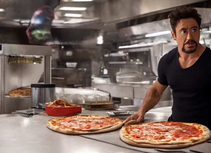 Image similar to film still of Ironman working in a pizza parlor making pizza in the new Avengers movie, 4k