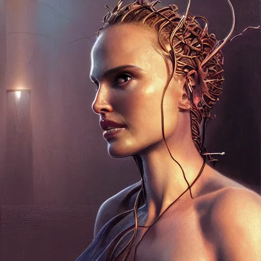 Prompt: a portrait of natalie portman as medusa in dramatic lighting, interior background, artstation, award - winning realistic sci - fi concept art by jim burns and greg rutkowski, beksinski, a realism masterpiece, alphonse mucha,