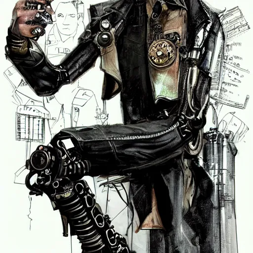 Image similar to cyborg male, slim, short hair, small scar on the chin, leather jacket with steampunk elements, one robotic arm and big shoes, book cover, deep shadows, by Dave McKean sketch lineart for character design