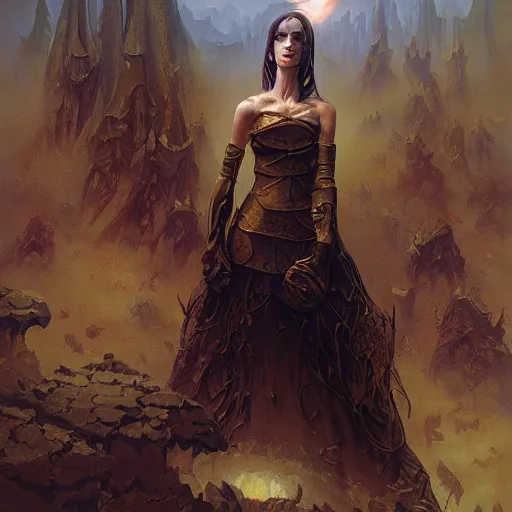 Image similar to fantasy painting with a woman in a surreal environment by Greg Rutkowski and Michael Whelan