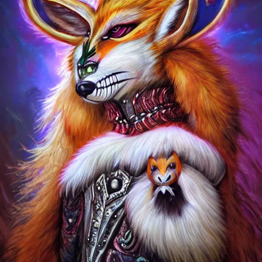 Prompt: a photorealistic portrait of a kitsune with long fluffy furs and ears wearing a painted fox skull mask, clothes themed on a peacock mage, painting by jeff easley, stylized, neon, vhs, 8 0 s, dnd beyond, chromal aberration, fae wilds sky