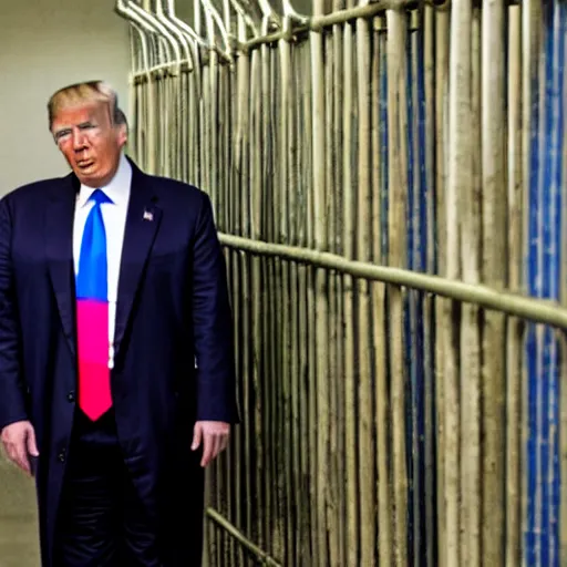 Image similar to donald trump behind bars in prison fatigues