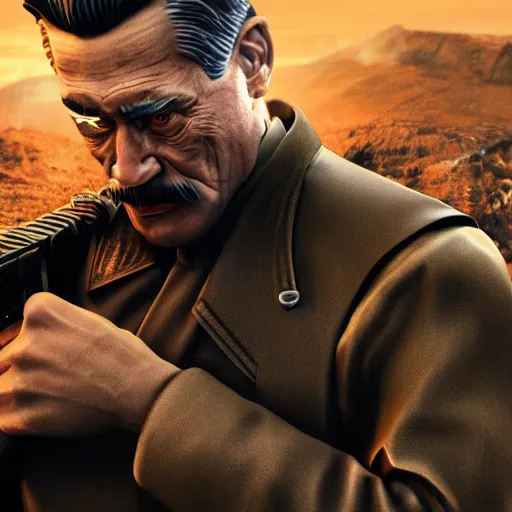 Prompt: Cinematic shot of Joseph Stalin Terminator, hd 4k, AAA game, octane render
