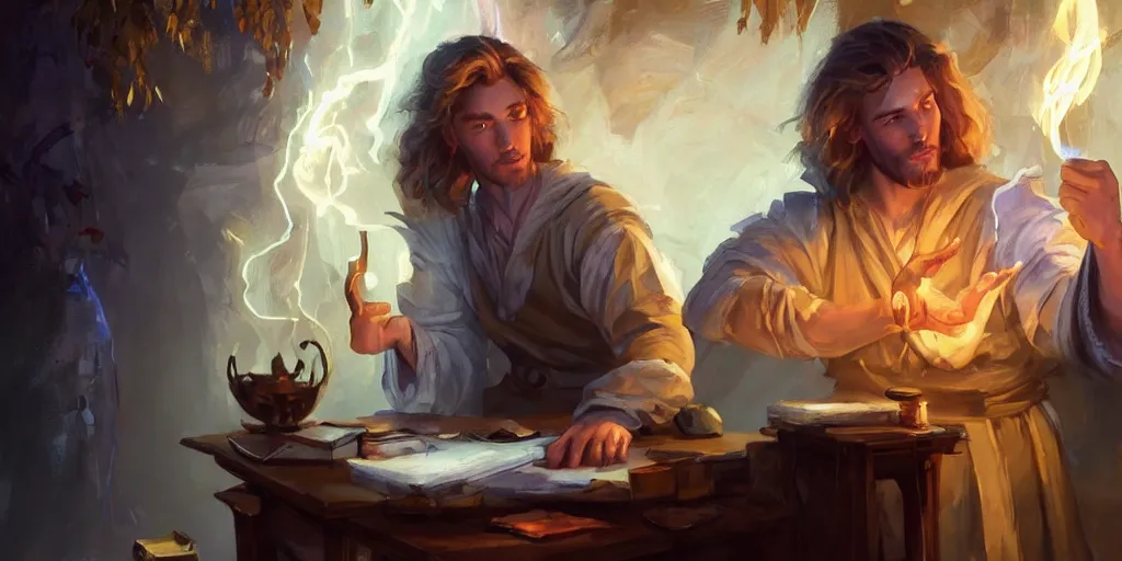 Prompt: a young caucasian male mage they are in a alchemy workshop working at there desk. coherent face, coherent hands, colorful, light rays, medium shot, waist up, sharp focus, bloom, dramatic lighting, very detailed, animation still by magali villeneuve, artgerm, jeremy lipkin and michael garmash, rob rey and kentaro miura style