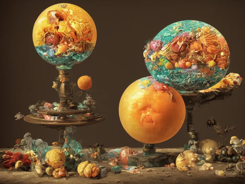 Image similar to 3 d render, sunlight study, the universe is a spheroid region 7 0 5 meters in diameter, art nouveau, by cornelis de heem and ( ( ( ( ( lisa frank ) ) ) ) ), 8 k, sharp focus, octane render