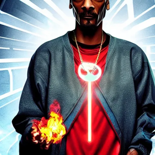 Prompt: Snoop Dogg starring as a futuristic Marvel Super Hero holding green fire for a 2019 Marvel Movie poster, epic portait