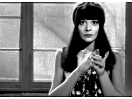 Image similar to film still of a beautiful beatnik girl staring into space, anna karina, mary louise parker, vintage fashion