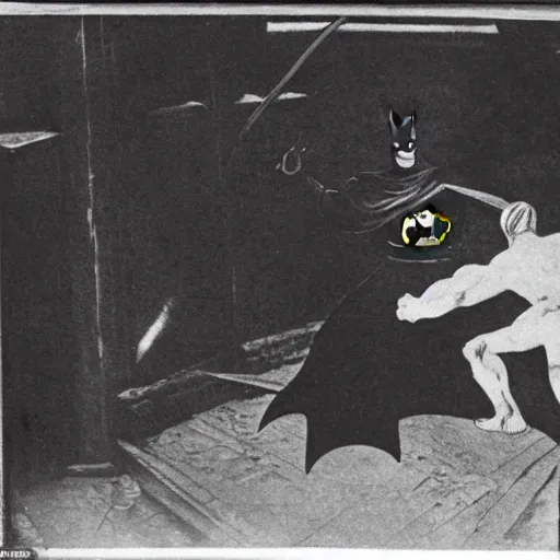 Image similar to old black and white photo, 1 9 1 3, depicting batman fighting a bad guy in an ally of new york city, rule of thirds, historical record