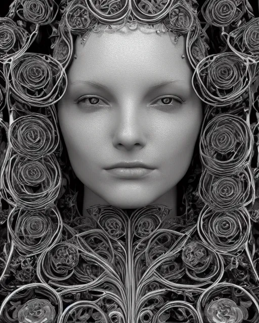 Image similar to mythical dreamy black and white organic bio - mechanical spinal ribbed profile face portrait detail of translucent steampunk beautiful female angelic - human - queen - vegetal - cyborg, highly detailed, intricate crystal ivy jelly ornate, poetic, translucent roses ornate, 3 d render, digital art, octane render, 8 k artistic photography, photo - realistic, by dora maar