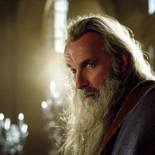 Prompt: Kevin Costner as Dumbledore in Harry Potter Film Series, Warner Brothers, Film Still, 35mm dramatic lighting, cinematic, deep focus, styleframe,