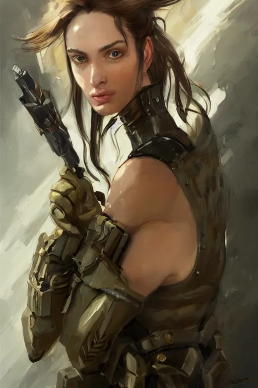 Image similar to a professionally painted portrait of an attractive young woman, clothed in military armor, olive skin, long dark hair, beautiful bone structure, symmetrical facial features, intricate, elegant, digital painting, trending on Artstation, concept art, smooth, sharp focus, illustration, from Metal Gear by Ruan Jia and Mandy Jurgens and Artgerm and William-Adolphe Bouguerea, award winning