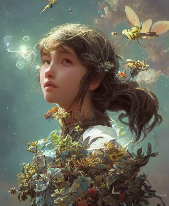 Image similar to portrait of a insect creature, adorable, childlike, milky way environment, ultra realistic, concept art, intricate details, cheerful, highly detailed, photorealistic, octane render, 8 k, unreal engine. art by christopher marley and artgerm and greg rutkowski and alphonse mucha