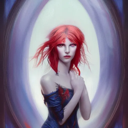 Image similar to A detailed matte oil on canvas head on symmetrical portrait of a distinguished elven woman with red and blue hair on an empty background, by Charlie bowater, Wlop, trending on artstationhd, dungeons and dragons art, parted hair , half blue, half red , split dye, critical role