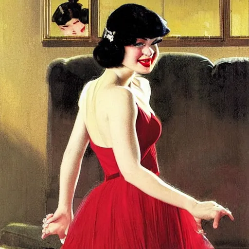 Image similar to a beautiful young girl was dancing the Charleston on the living room carpet with joy, fair skin, red lips, black hair, oil painting, Sherree Valentine Daines, Coles Phillips, Gil Elvgren, Dean Cornwell, JC Leyendecker, 8k
