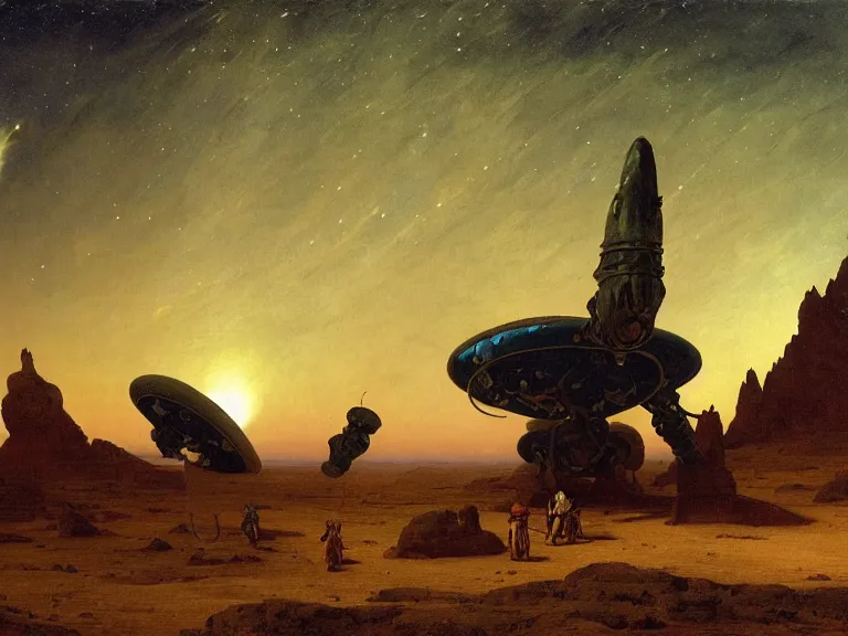 Prompt: an oil painting of an ancient spacecraft in the middle of an alien desert at dusk, aurora and stars light up the sky by beksinski carl spitzweg and tuomas korpi. baroque elements, full-length view. baroque element. intricate artwork by caravaggio. Trending on artstation. 8k