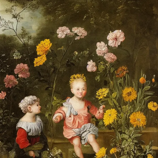 Image similar to a painting of flowers in a garden at night, blond baby with gray eyes with a blue scarf yellow t - shirt, a flemish baroque by jan van kessel the younger, intricate high detail masterpiece